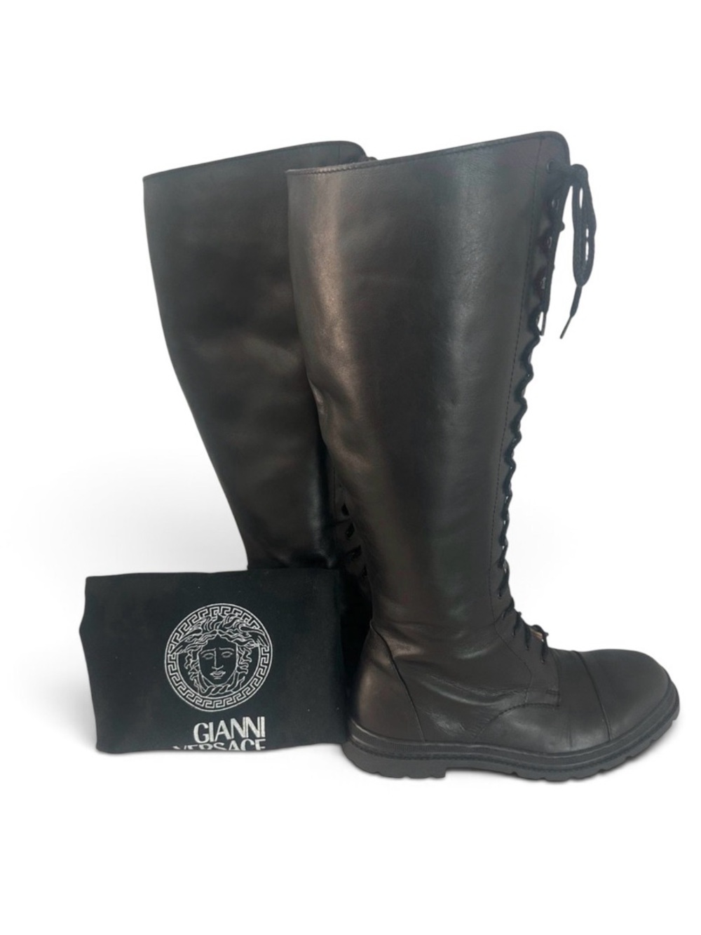 RARE Versace Istante Black Leather Knee-High, RmLace-Up Boots (PM100219)